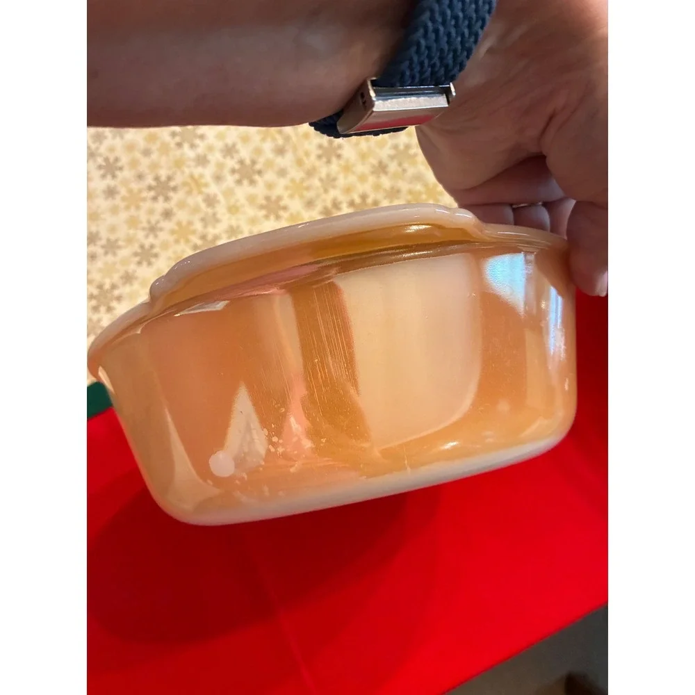 Vintage Fire-King Peach Luster 2Quart Round Casserole Dish Milk Glass Tab Handle